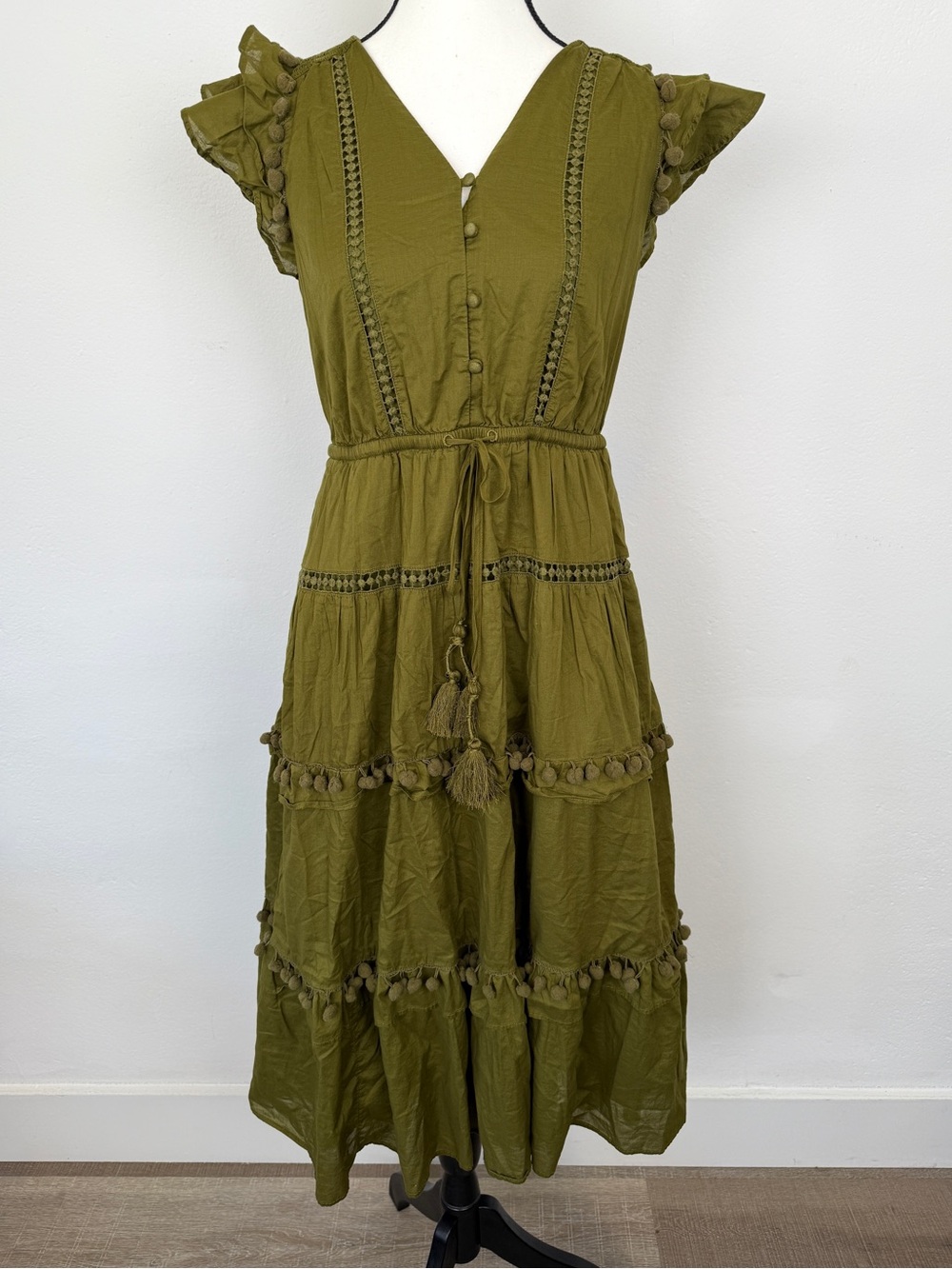 J. Crew Size 4 Pom-pom Midi Dress in Cotton Voile Olive Green